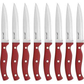 8pcs Steak Knives,McCook MC56 Serrated Steak Knife Set Red Full Tang Stainless Steel Table Knives Set